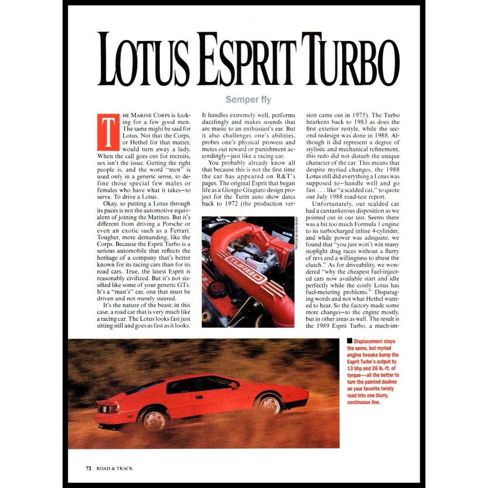 1989 Lotus Esprit Turbo 4 Page Original Road Test Print Article Road & Track Mag